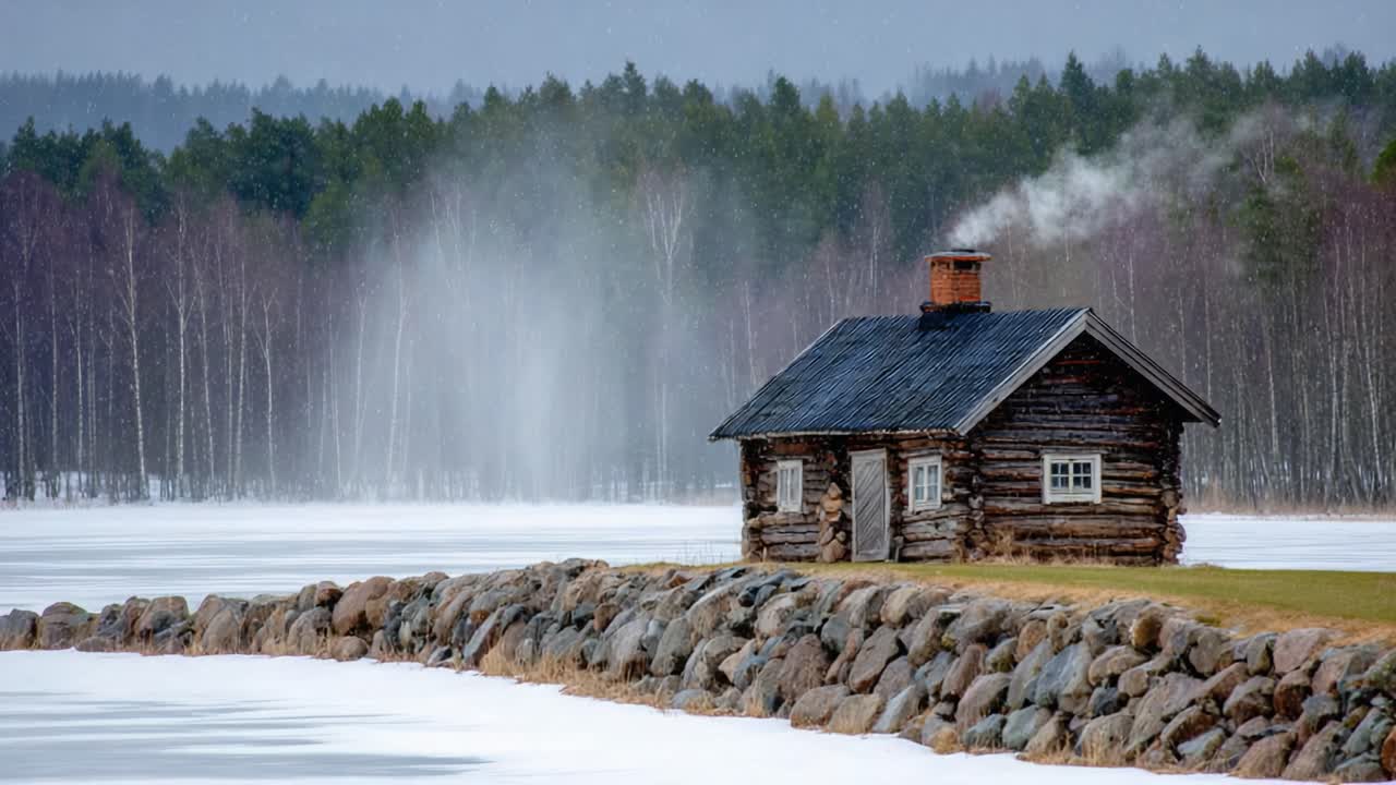 A Cozy Cabin Amidst a Winter Wonderland: A Picturesque Wooden House with Smoke Rising from the Chimney Surrounded by Snow and Tranquil Scenery