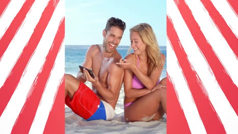 Animation-of-flag-of-usa-over-caucasian-couple-on-beach-in-summer