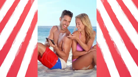 animation of flag of usa over caucasian couple on beach in summer