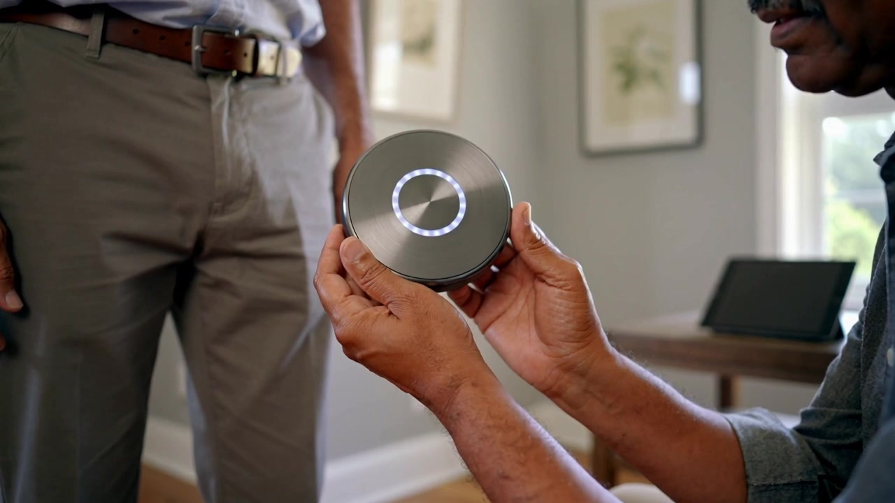 Sittende mann i grå skjorte reagerer på en LED-ring, roterer og inspiserer en ringformet enhet hjemme.