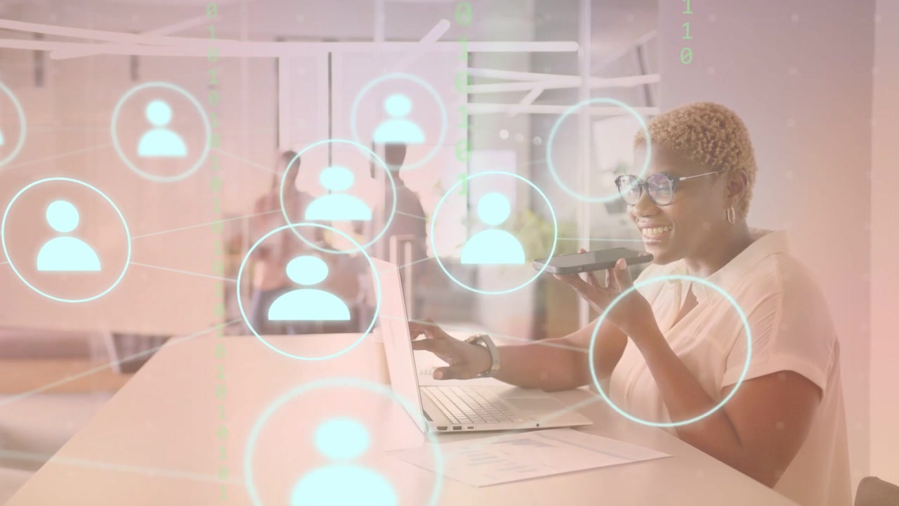 Business woman placing phone and talking while using laptop contact icons popping managing chat