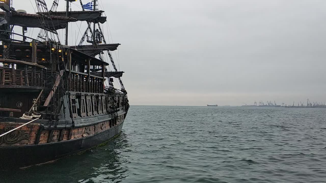 Wooden tourist boat on a coastal coast in the city of Thessaloniki Greece
