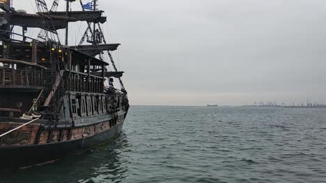 wooden tourist boat on a coastal coast in the city of thessaloniki greece