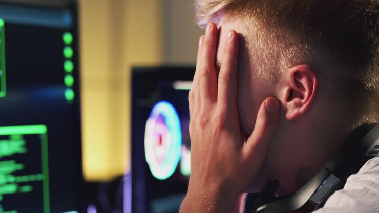 Männlicher Teenager-Hacker sitzt vor Computerbildschirmen und umgeht Cybersicherheit.