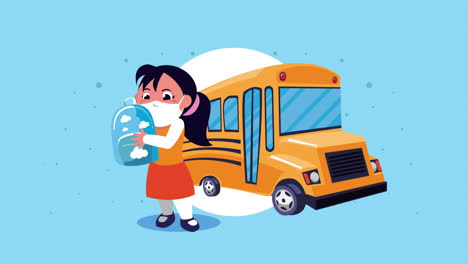 little student girl wearing medical mask with bus