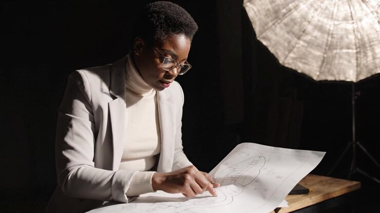 Focused professional reviewing a detailed plan or design in a dimly lit studio while illuminated by a soft light source, showcasing concentration and creativity.
