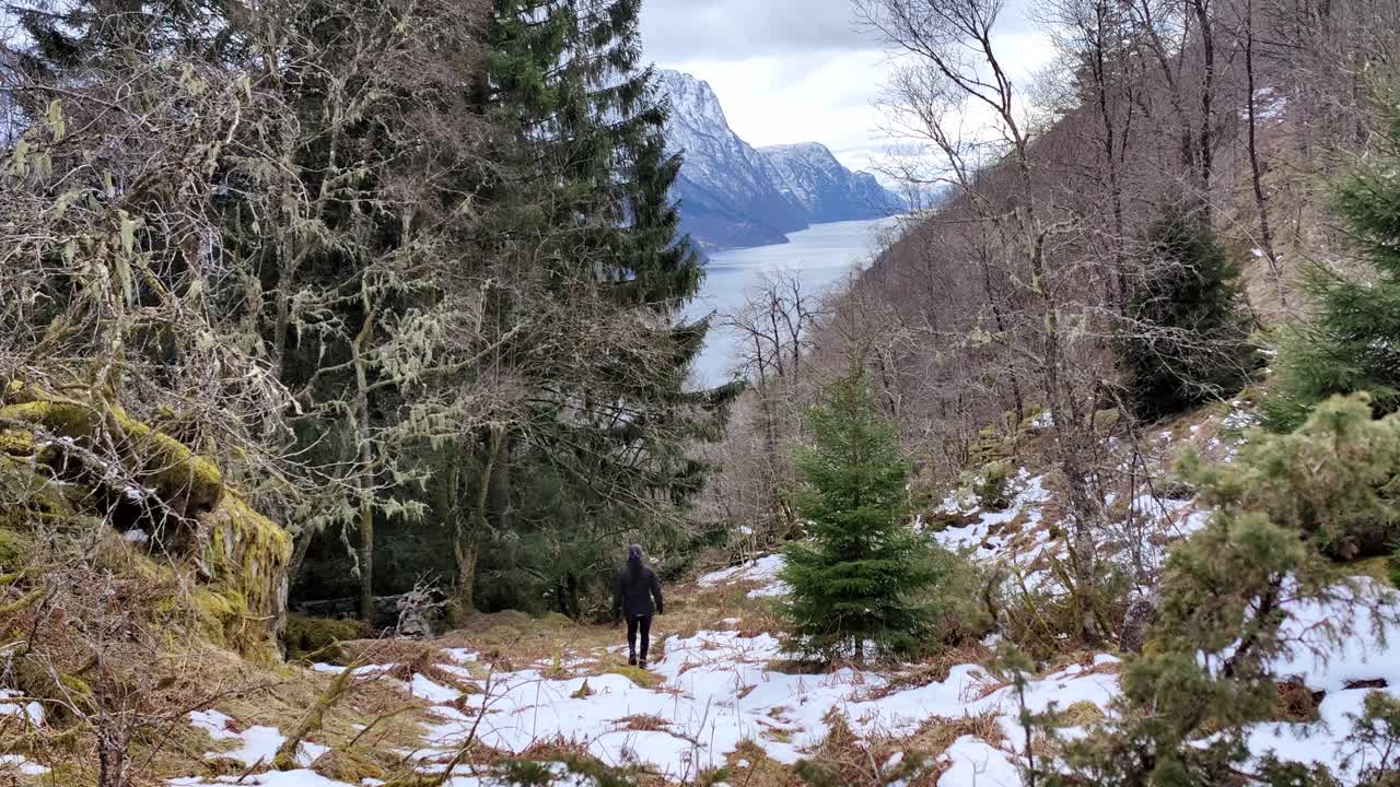 chica caminando cuesta abajo entre árboles en la naturaleza en un día nublado con el hermoso fiordo noruego veafjorden en el fondo