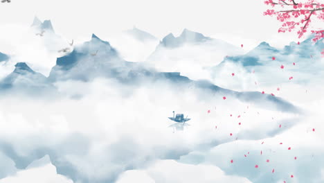 mysterious landscape china's traditional oriental digital art animation, chinese retro painting ink misty mountain with flowers, tree, birds, river in fog background