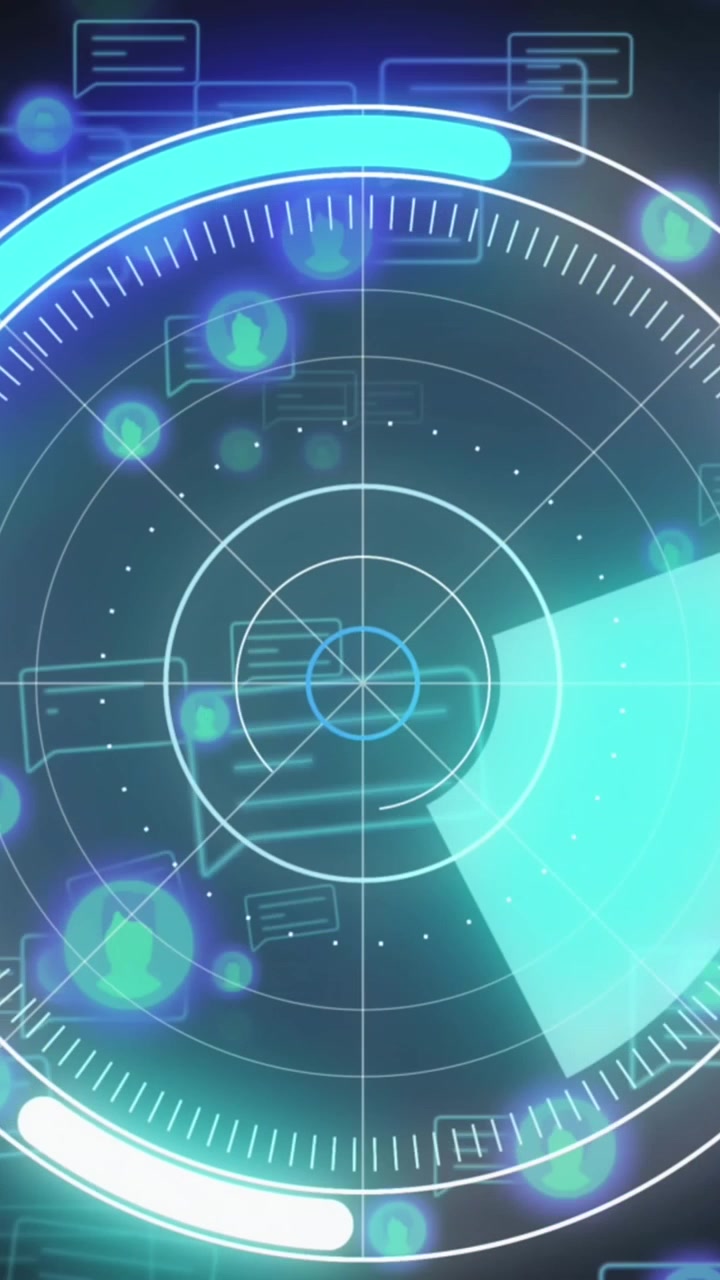 Animation of scope scanning and social media icons on black background