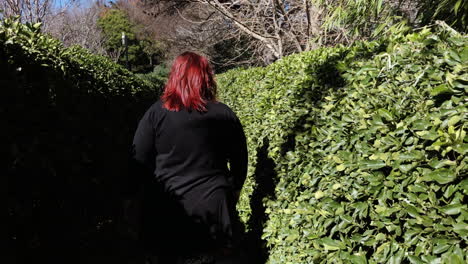 slo-mo pov following female walking along a stone pathway, surrounded by green hedges, ju raku en japanese garden, toowoomba, australia