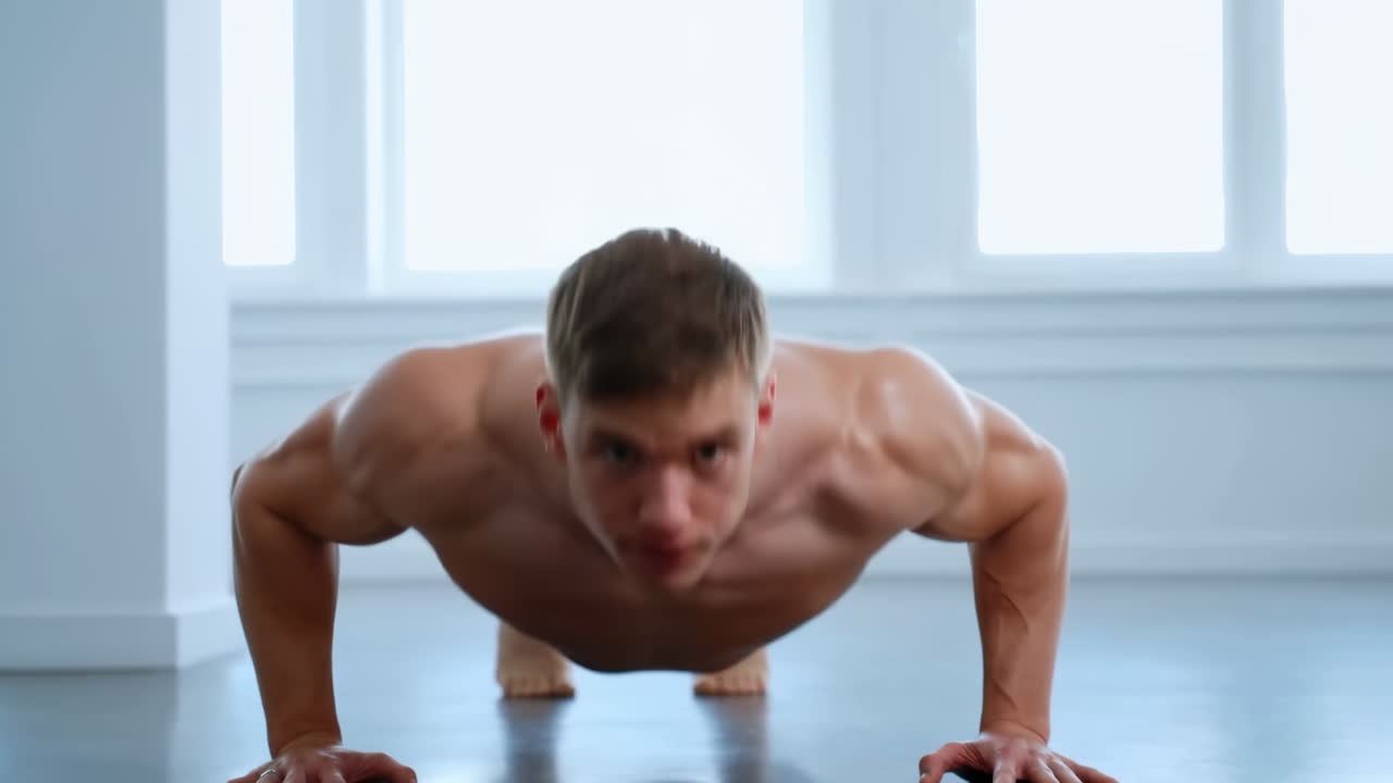 Uomo bianco muscoloso che fa flessioni al chiuso, a piedi nudi su un pavimento in legno, finestre dello studio illuminate dal sole.