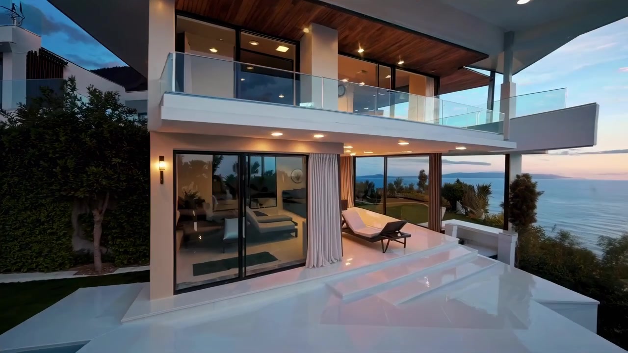 Villa de lujo con piscina infinita con vistas al océano al atardecer