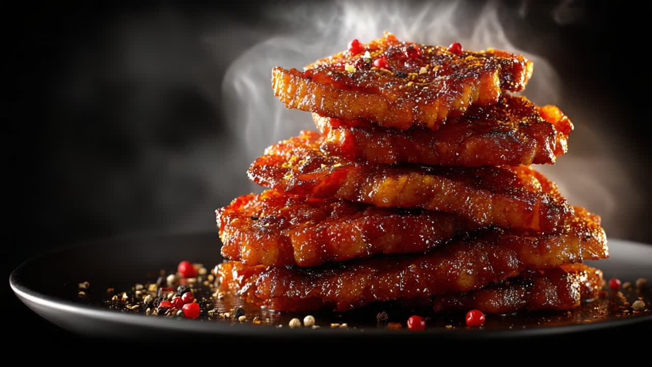 A Delicious Stack of Succulent Fried Meat with Glazed Sauce and Aromatic Spices, Creating an Irresistible Culinary Delight on a Black Plate