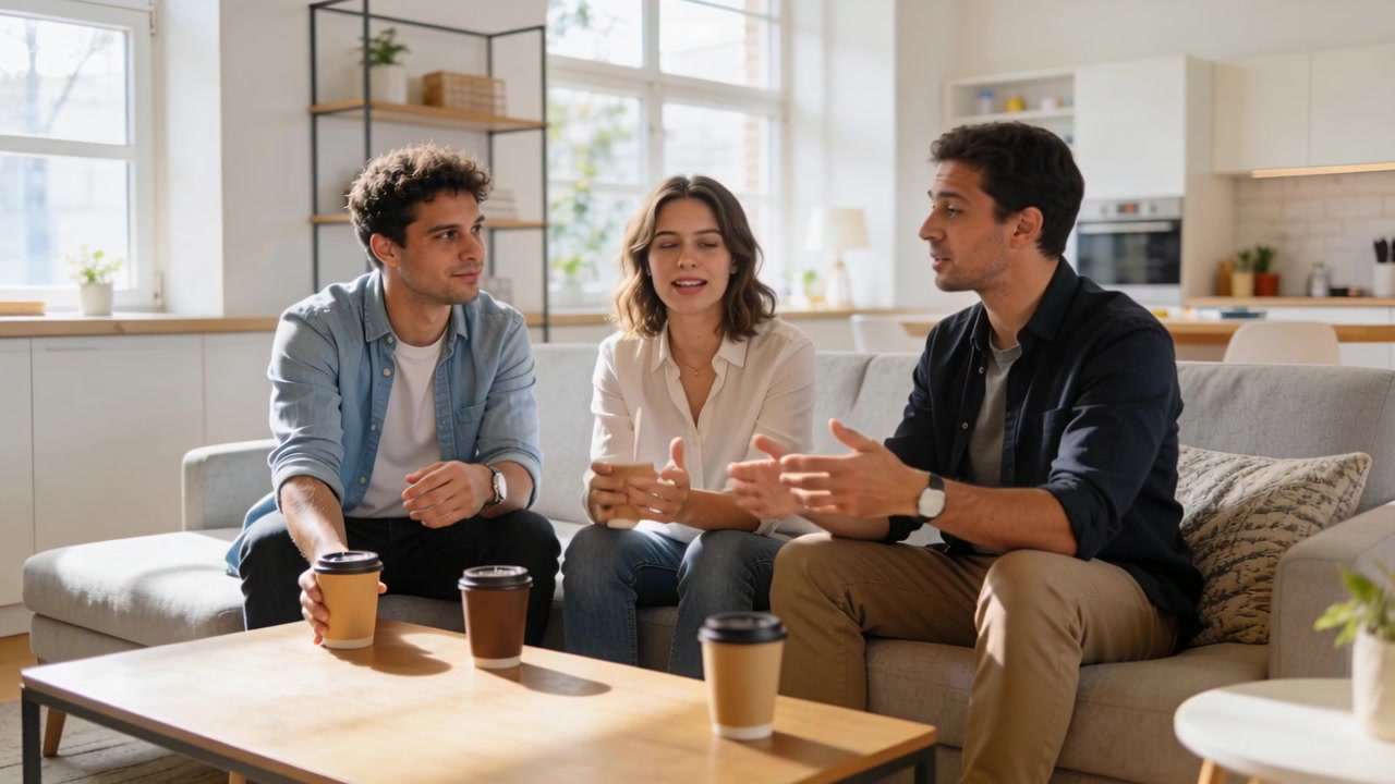 Homem à direita falando, amigos conversando, gesticulando e bebendo de copos para viagem em uma sala de estar iluminada, todos de camisa.