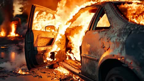 un coche quemado en llamas con la puerta abierta