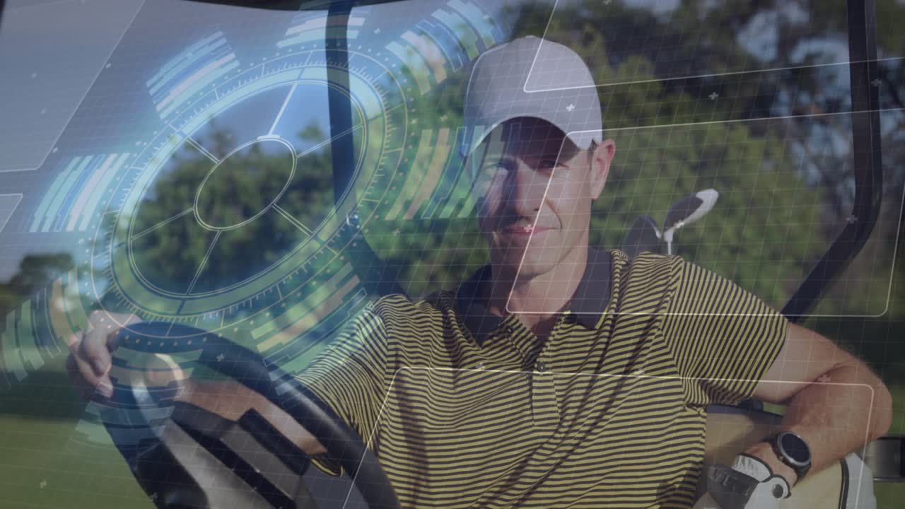 Man sitting in cart as HUD sweeping windshield providing golf shot info and casting light