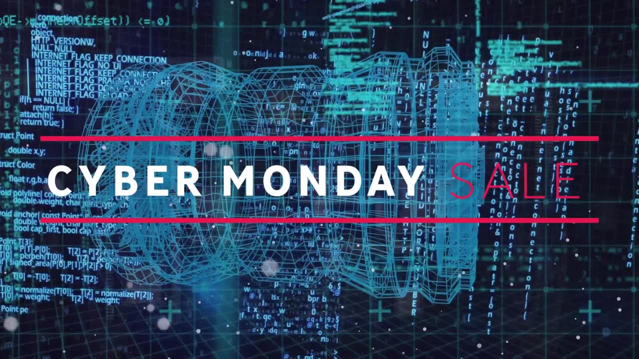 animación del texto de venta de cyber monday sobre estructura circular y lenguaje informático en patrón de cuadrícula.