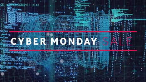 Animation-Von-Cyber-Monday-Sale-Text-über-Kreisförmiger-Struktur-Und-Computersprache-Auf-Gittermuster