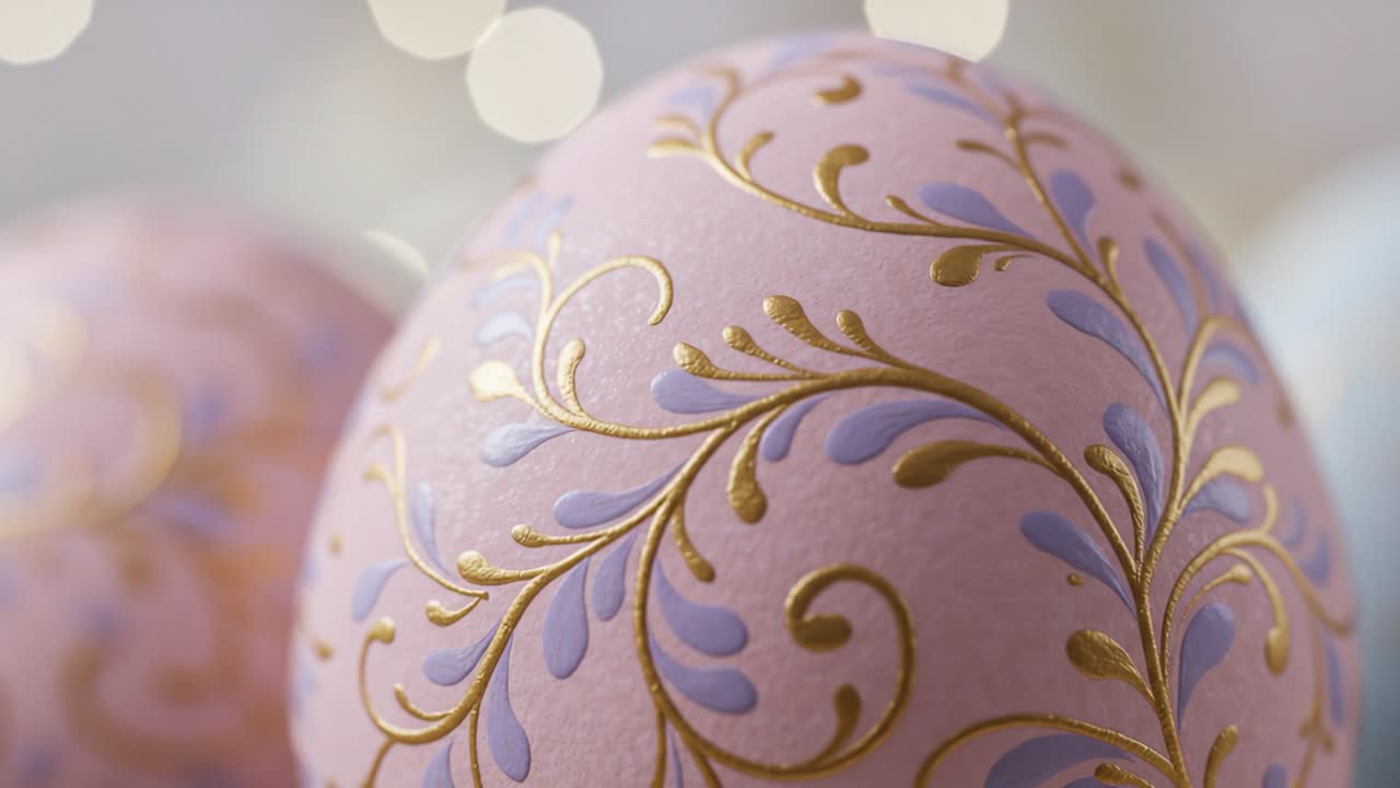 Beautifully Decorated Easter Egg with Intricate Golden Floral Patterns, Set Against a Soft, Dreamy Background of Blurred Lights Enhancing the Festive Atmosphere