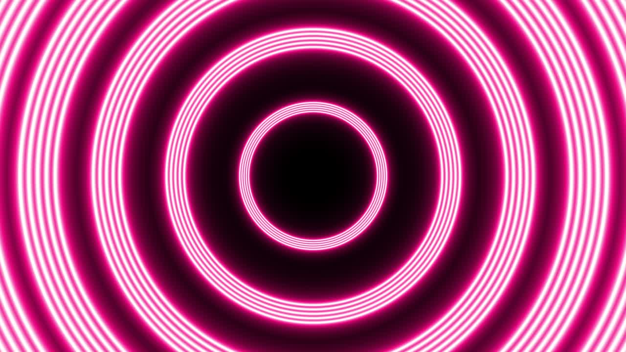 Sfondo astratto con animazione di volo in un tunnel futuristico con un gruppo di cerchi neon rossi. Grafica in movimento in loop continuo