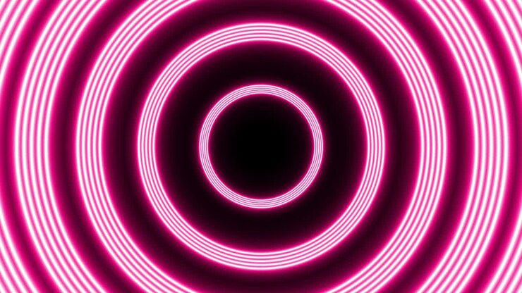 Fundo abstrato com animação de voo em túnel futurista com grupo de círculos neon vermelhos. Animação gráfica em loop contínuo.