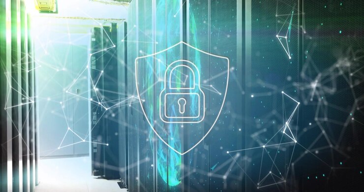 Light spilling through door sparking mesh pulsing behind padlock shield showing data security