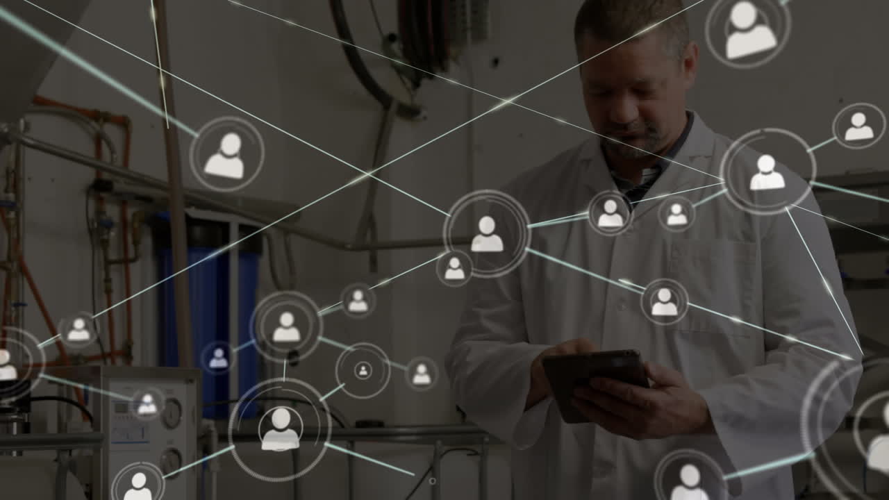 Animation of network of connections with icons over caucasian male doctor