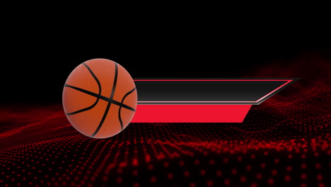 animation of basketball moving with black and red banners on undulating dark red background