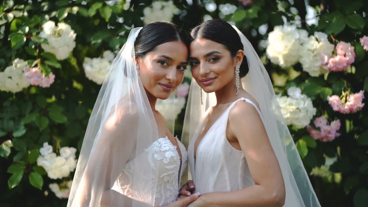 Primer plano de dos novias inclinadas y sonriendo, ajustando sus manos con los velos para una pose de boda junto a un seto de rosas.