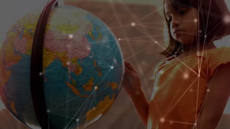 Network-of-connections-over-caucasian-girl-learning-geography-using-a-globe-at-elementary-school