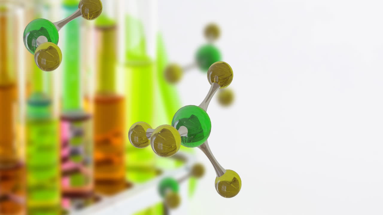 animación de micro modelos de moléculas y vasos de laboratorio sobre un fondo blanco