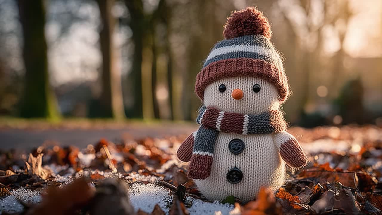 Charming and Cozy Handmade Snowman Surrounded by Autumn Leaves and Snow, Bathed in Warm Winter Sunlight, Perfectly Capturing the Essence of the Holiday Season