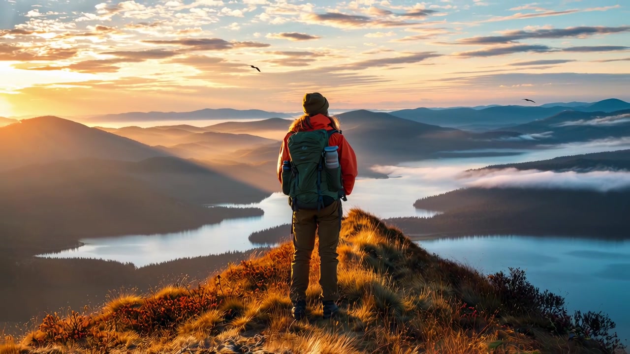 Hiker Standing on Mountain Peak Overlooking Scenic Valley at Sunrise