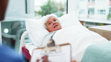 nurse, elderly woman and bed in clinic with flu