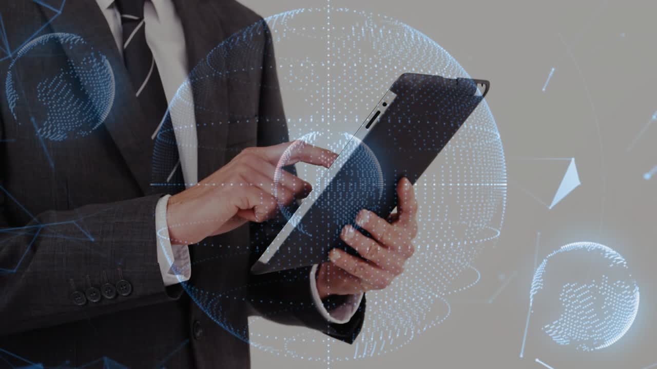 Adult male tapping tablet top, initiating 3D holograms shifting and syncing while navigating data