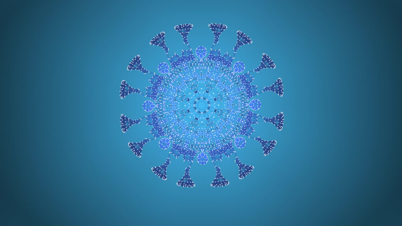 fondo azul abstracto con animación de partículas voladoras en patrones de mosaico como copo de nieve.
