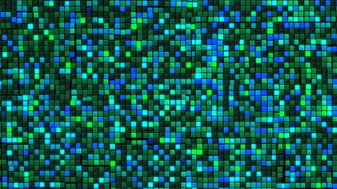 Dense closeup of raised square tile matrix showing dynamic illumination changes as clusters brighten and shift toward cyan, teal, and blue while nearby modules stay darker for strong contrast