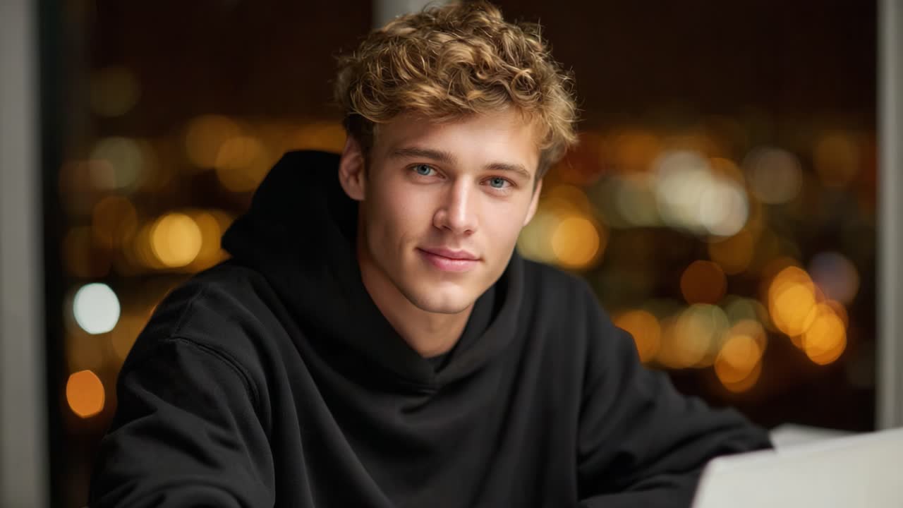 A Young Man with Curly Hair in a Hoodie Smiling While Engaged in a Digital Experience, Illuminated by a City Nightscape with Bokeh Lights