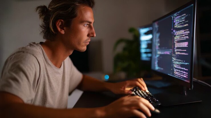 Programmatore concentrato che analizza codice complesso su doppi monitor in uno spazio di lavoro scarsamente illuminato con una tenue illuminazione di sfondo ed espressione concentrata
