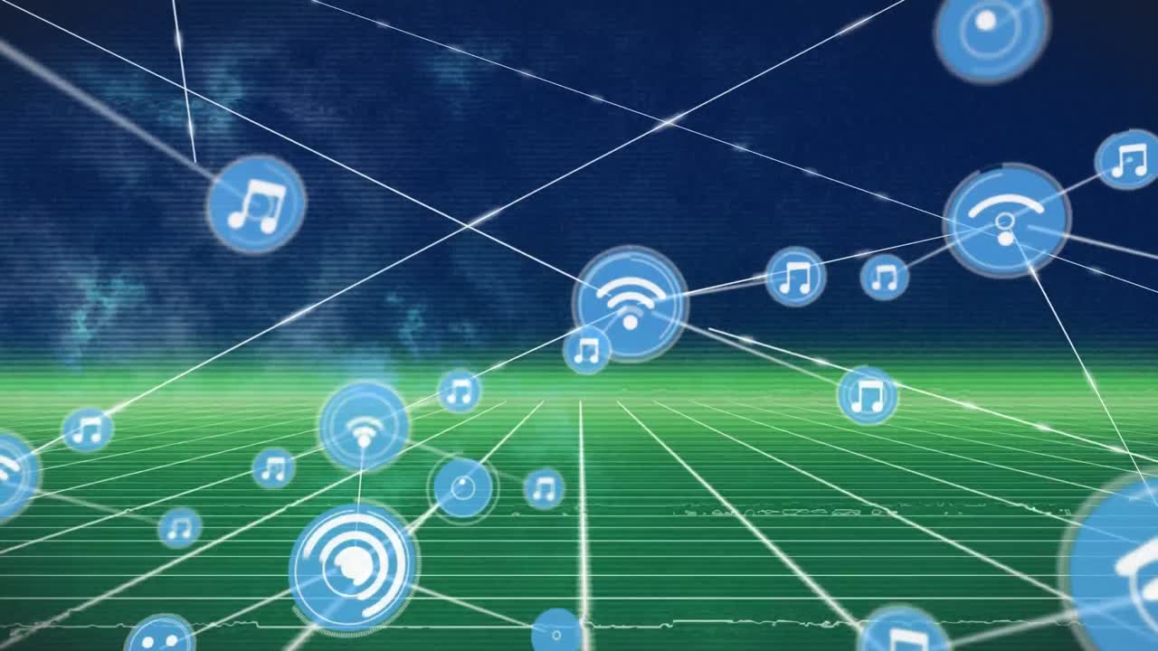 추상적인 배경에 대한 조명 격자 패턴 위에 선으로 연결된 아이콘의 애니메이션