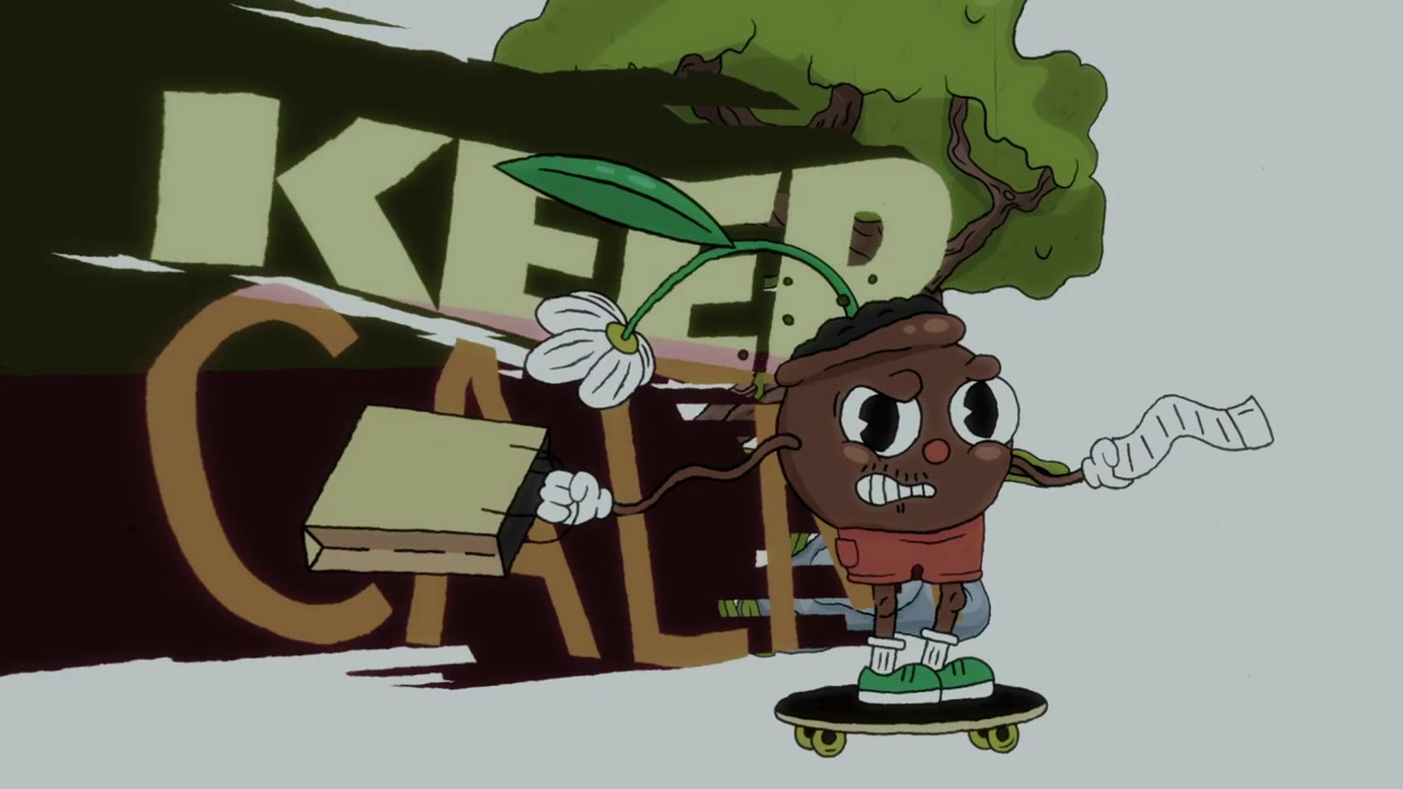 Animeret agernfigur på skateboard forbi surrealistiske træer