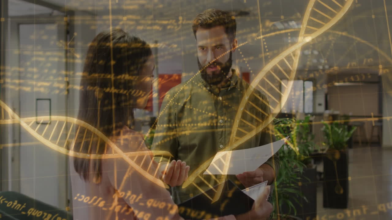 In office, two people discussing documents with DNA strand and binary coding animation