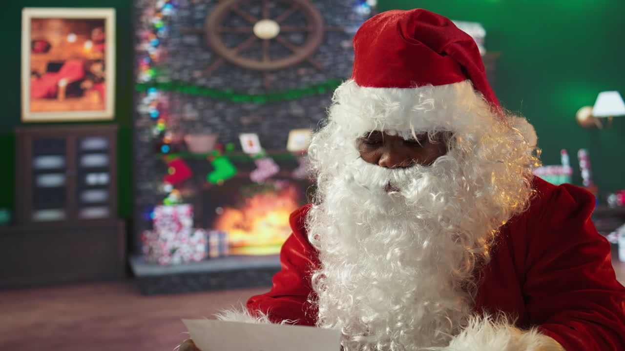 Santa Claus reading letters by the fireplace