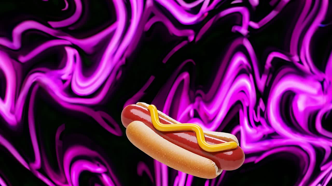 un perrito caliente giratorio con mostaza rociada flotando contra un fondo abstracto de colores de neón, pulsando con una vibrante energía de arte digital para videos musicales y contenido de redes sociales