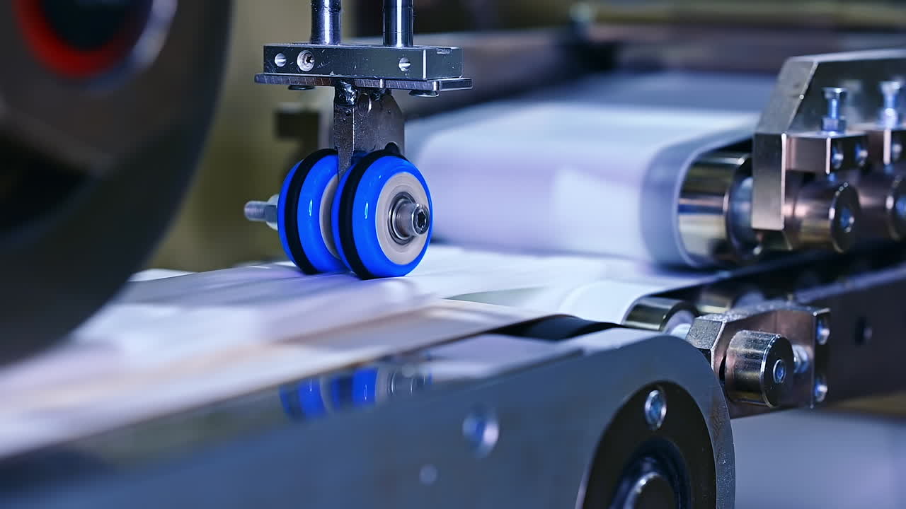Process of making recesses on the inner surface of a diaper. Little blue roller spinning on a conveyor line. Close up.