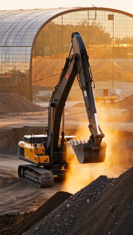 large excavator working at a dusty construction site during sunset