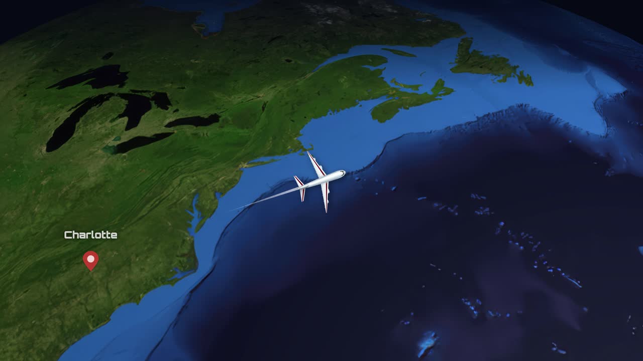 Satellite view animation follows a commercial airplane flying across the Atlantic Ocean between two cities