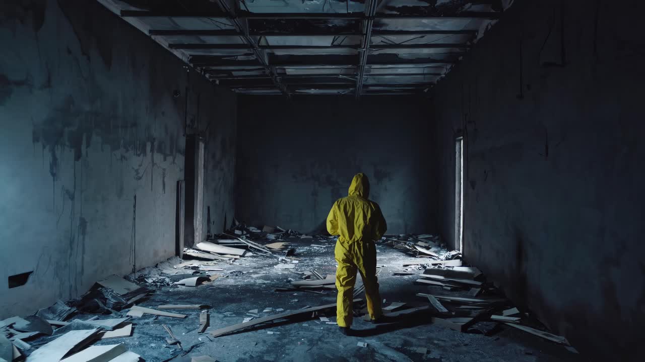 A person in a yellow hazmat suit stands in a dimly lit, debris-filled room