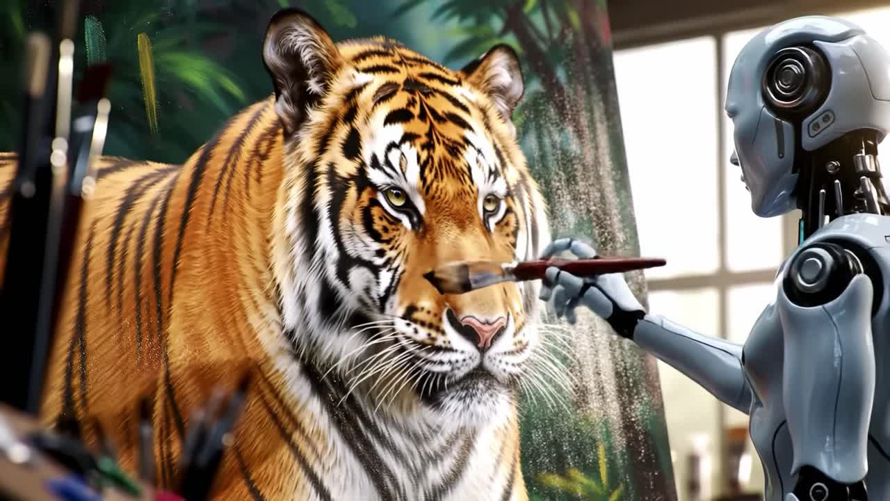 In a bright art studio, a robot artist meticulously paints a lifelike tiger on canvas, showcasing its majestic features and vivid colors. The atmosphere is filled with creativity and innovation.