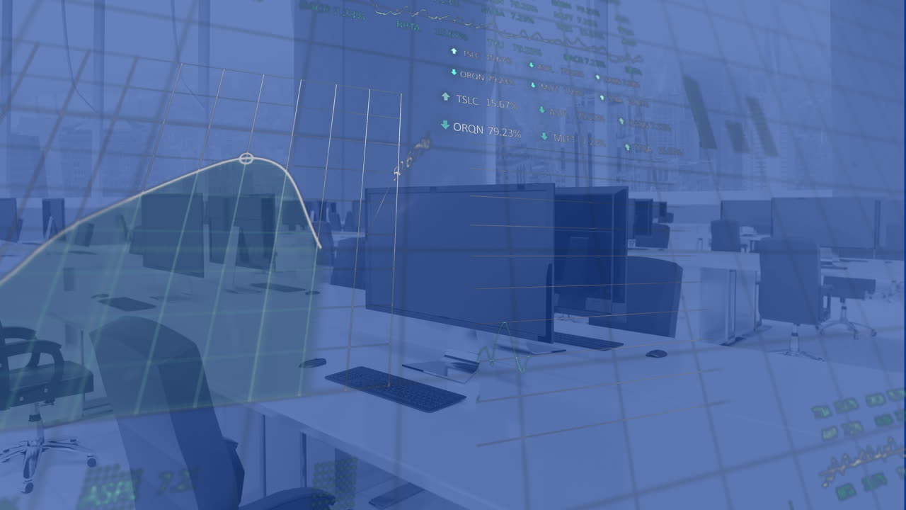 현대적인 사무실을 통해 통계 및 금융 데이터 처리의 애니메이션